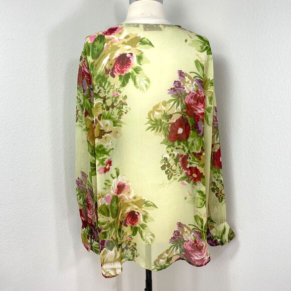 Soft Surrounding Chartreuse Floral Blouse XL Button Front Long Sleeves V-Neck - Picture 8 of 13